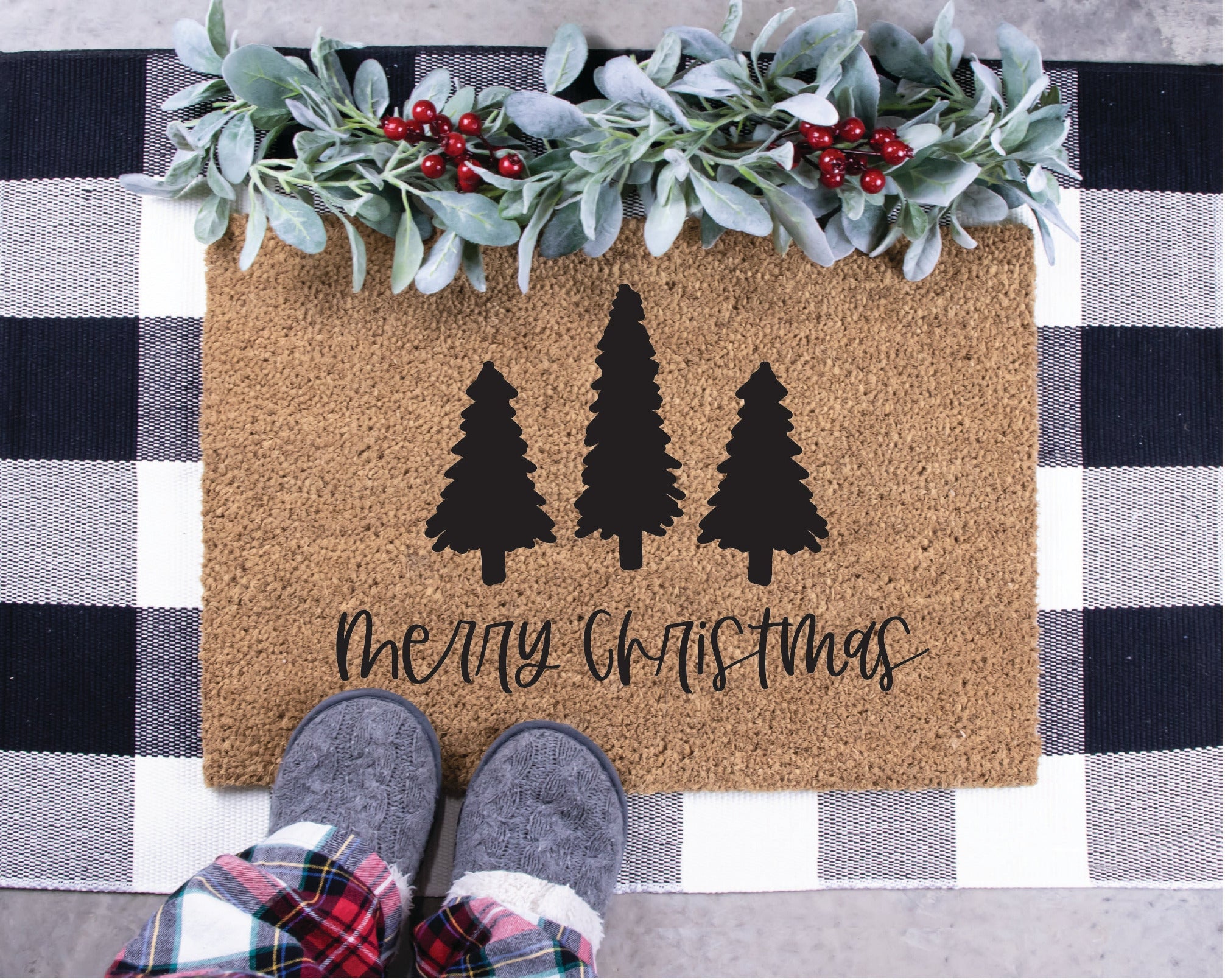 Merry Christmas with Pine Trees Doormat